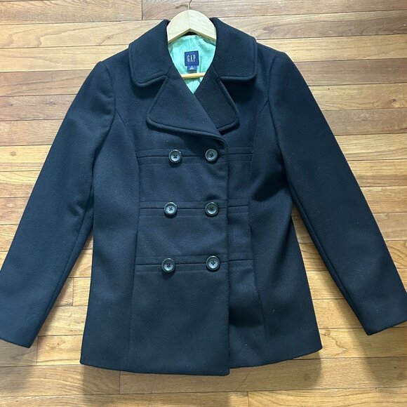 Gap Womens Black Double-Breasted Wool Blend Peacoat With Mint Satin Lining - Picture 1 of 9